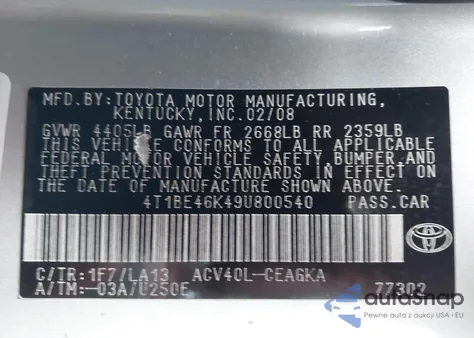 2009 Toyota Camry Xle из США, поврежденный, VIN 4T1BE46K49U800540